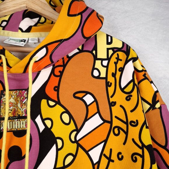 Puma BRITTO Hoodie Mens Large Yellow Orange AOP Graffiti Art Streatwear 90s insp - Picture 6 of 16
